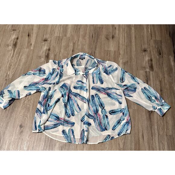 ModCloth Sheer Cactus Print Button Down Blouse Sz 4X Flowing Lightweight Artsy - Picture 5 of 9